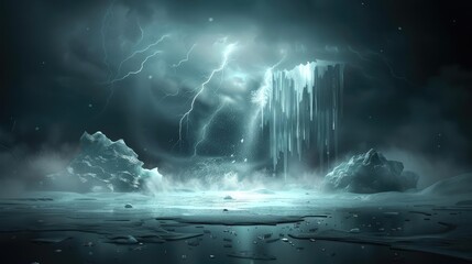 Mysterious icy landscape with dramatic waterfall and lightning, atmospheric and surreal nature scenery in dark, moody tones.