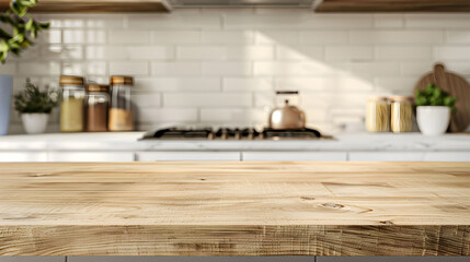 Empty wooden tabletop on blurred rustic kitchen background for mockups. Natural day light. Promotion background.