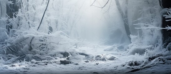 Copy space image of ice covered plants in a wild forest during winter