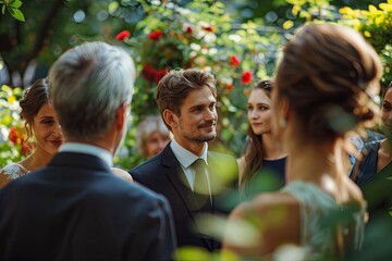 Outdoor wedding ceremony with bride and groom surrounded by guests