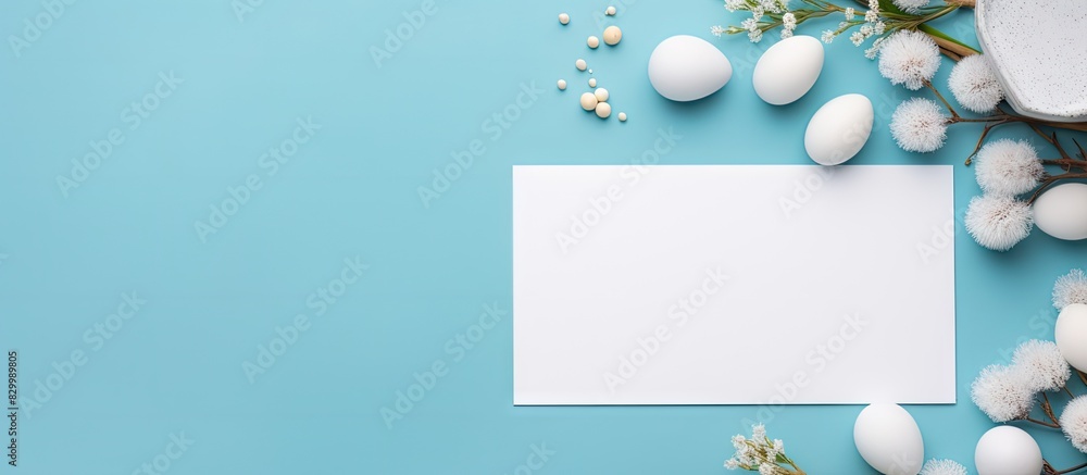 Aufkleber A blue background with a mockup white greeting card easter eggs and an envelope suitable for adding text or designs. with copy space image. Place for adding text or design