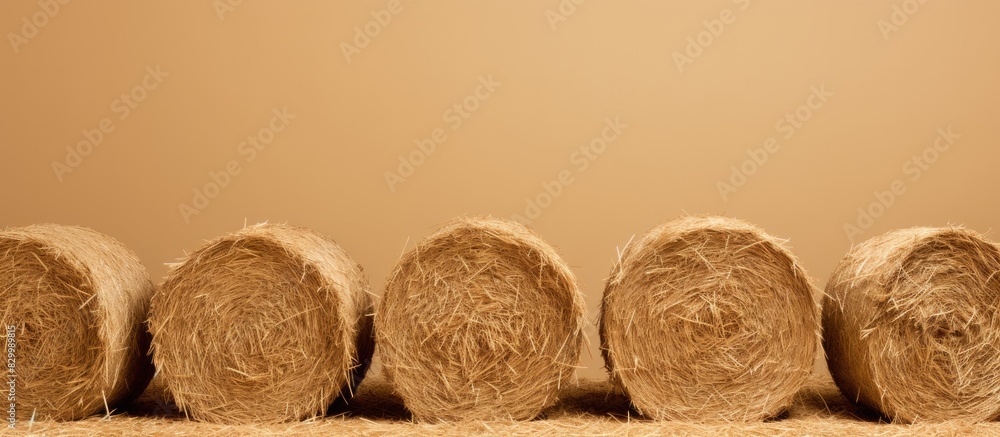 Poster Hay sheaves rolled into round shapes against a plain background providing ample space for text