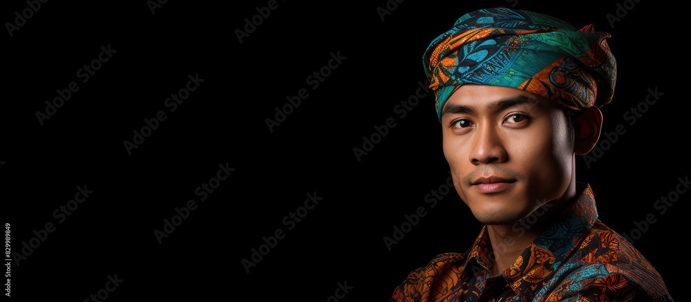Poster confidently posing an asian man can be seen wearing a batik sarong and cap in an isolated photo with