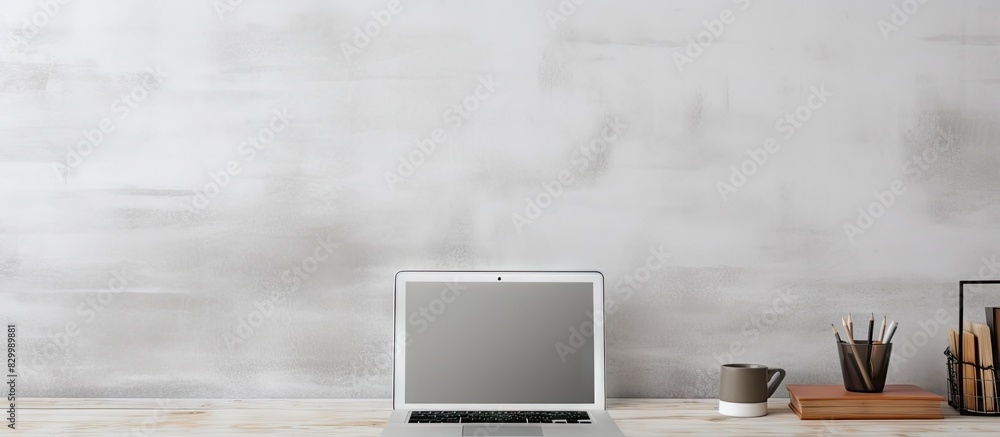 Poster On a white table against a grey wall there is a trendy workspace featuring a mock up laptop a frame and an empty space for text or images. with copy space image. Place for adding text or design