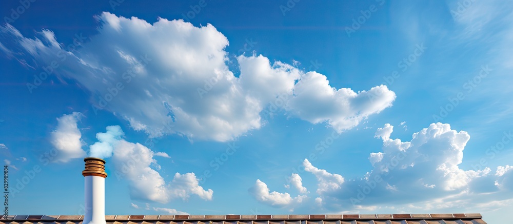 Aufkleber The image features a chimney and rooftop set against a backdrop of white clouds and blue sky providing a comfortable and appealing concept for background and wallpaper. with copy space image