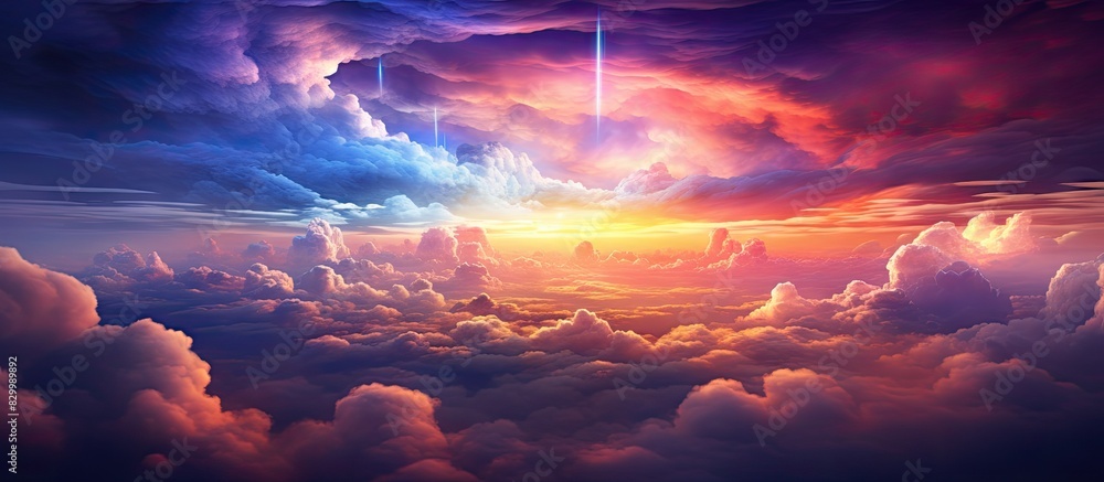 Aufkleber In the evening there are beautiful rainbow clouds floating above the dark clouds creating a captivating and breathtaking view in the sky The image has enough empty space for text