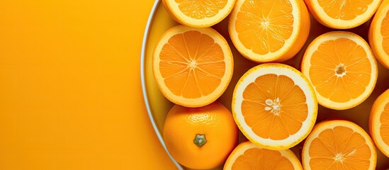 Top view of a plate filled with fresh orange fruit slices The vibrant background complements the copy space image