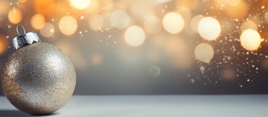 A gorgeous Christmas ball decoration shines on a silver background creating a captivating copy...