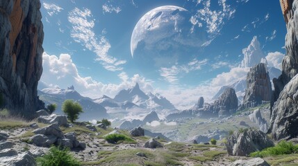 A breathtaking landscape of an alien planet, with towering mountains and vast plains stretching into the distance