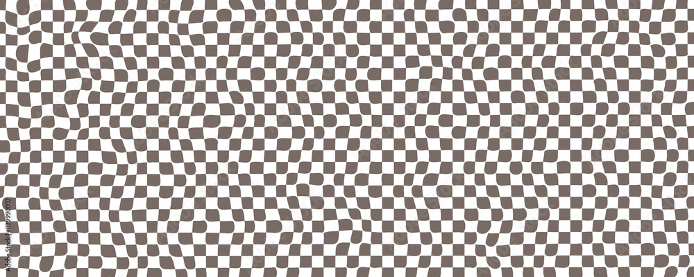 Poster Trippy checkerboard background. Retro psychedelic checkered wallpaper. Wavy groovy chessboard surface. Distorted geometric pattern. Abstract monochrome vector backdrop