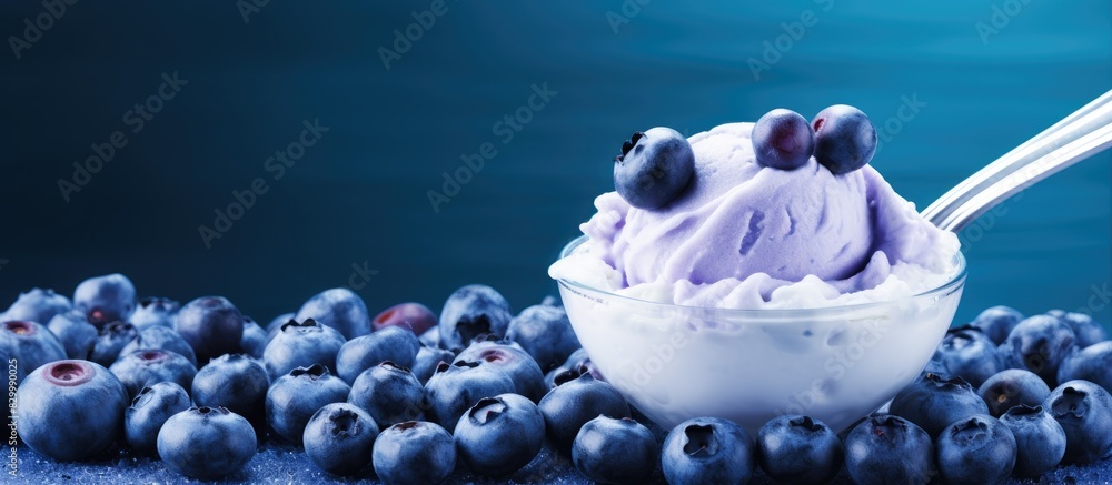 Aufkleber Copy space image of ice cream with a generous topping of fresh blueberries accompanied by a conveniently placed spoon A delightful food background to savor