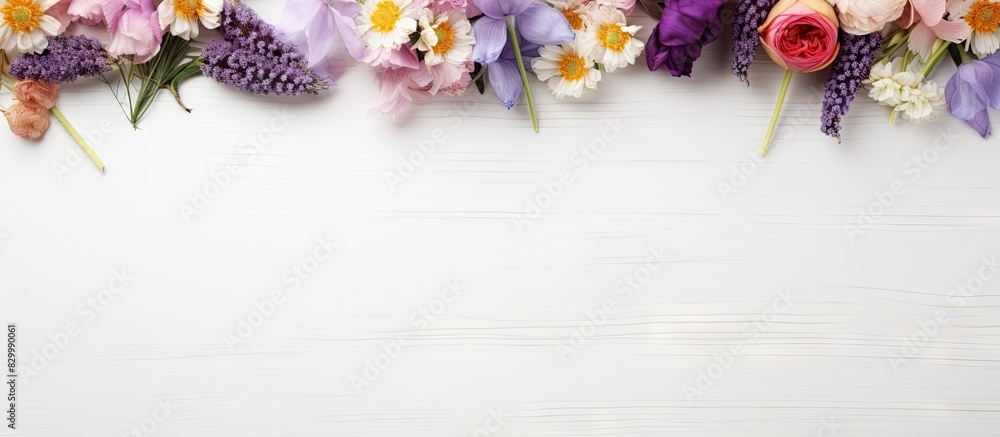 Poster there is a blurry abstract background with a copy space image showcasing beautiful flowers on a wood