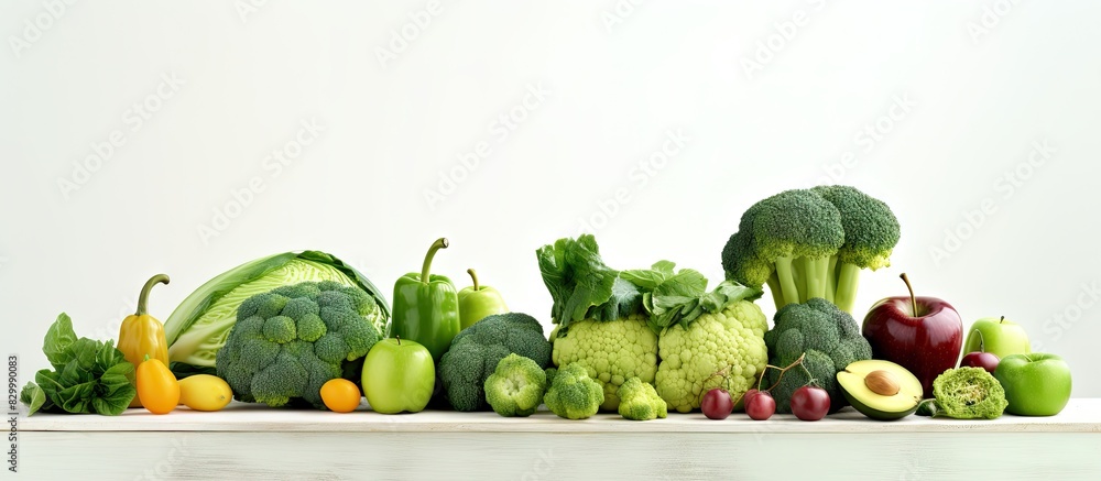 Poster A colorful assortment of fresh green fruits and vegetables including avocados cucumbers cabbage apples beans kiwi onions and broccoli beautifully displayed on a light table This copy space image perfe