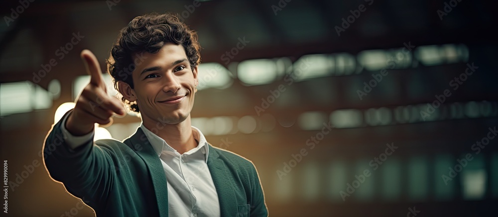 Poster the confident young man proudly points to himself exuding a sense of surprise and success as if he w