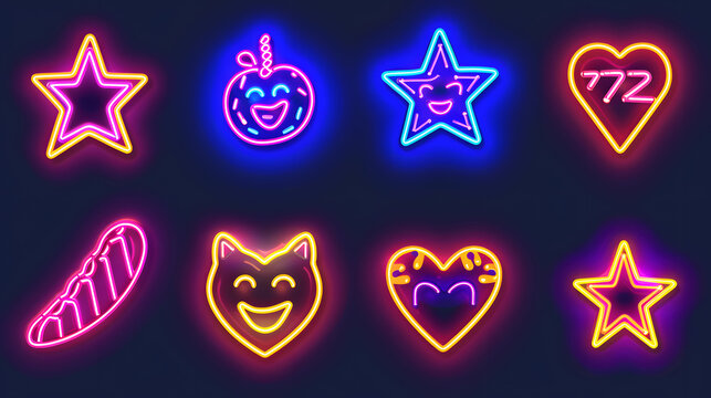Pop art icons set. Pop art neon sign. Bright signboard, light banner. Neon isolated icon, emblem. Heart, diamond, pizza, smile, hand, ice cream, star, donut and unicorn vector neon ico. Generative AI.