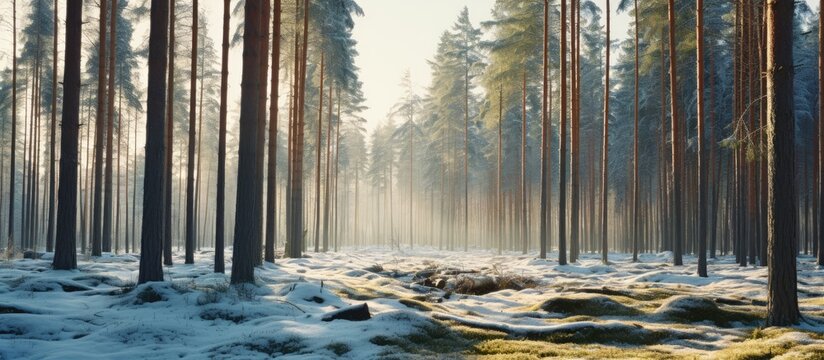 A picturesque spring scene in a pine tree forest with patches of unmelted snow bathed in sunlight offering ample space for text or images