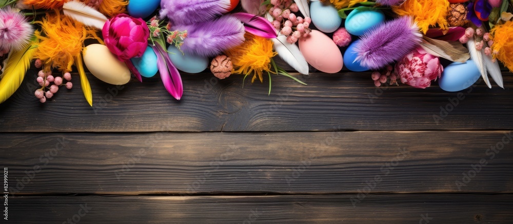 Aufkleber closeup of a color wooden background adorned with a frame consisting of lovely flowers easter eggs a