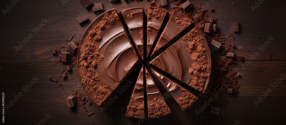 Aufkleber A top view image of a chocolate cake cut into multiple pieces placed on a brown background with ample copy space