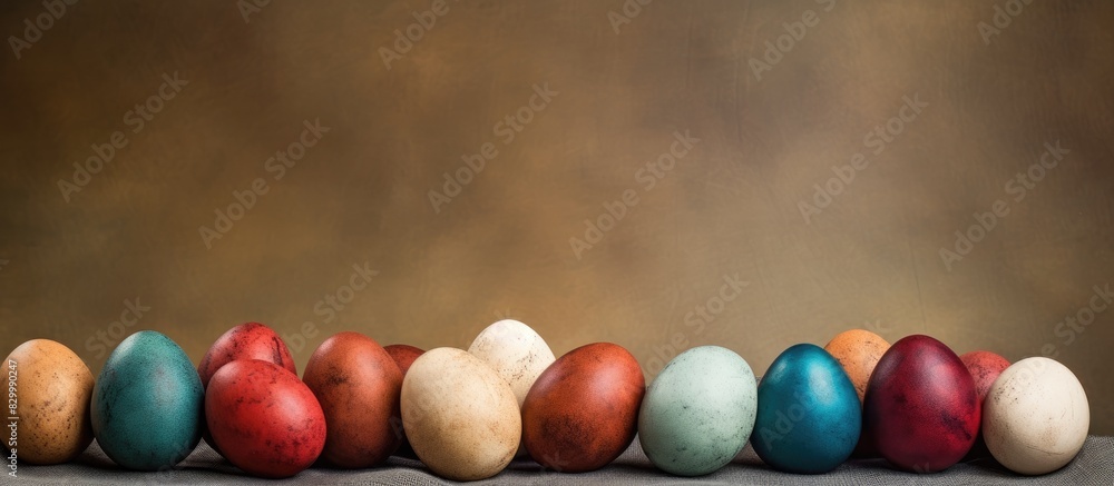 Poster Copy space image of Easter eggs on a textured burlap background celebrating the joyous occasion of Easter