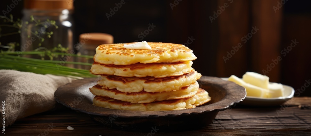 Poster a copy space image of cottage cheese pancakes placed on a rustic wooden table