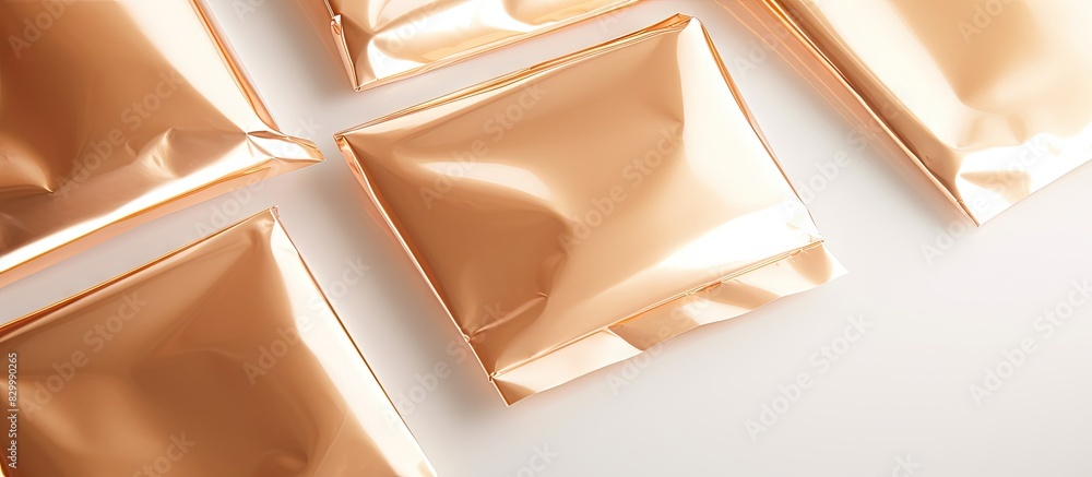 Poster Flat lay image of blank foil packages on a light background creating copy space