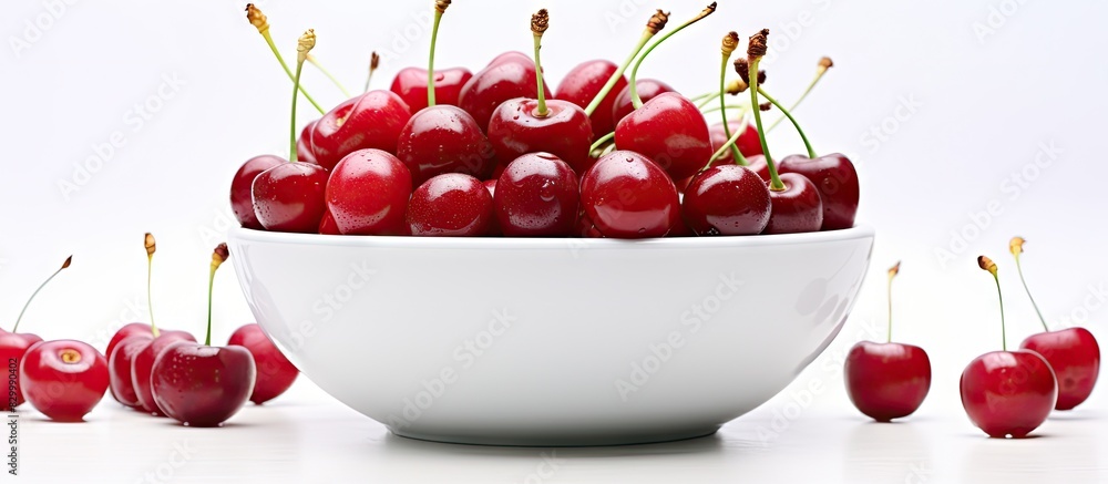 Poster Flat lay of cherries in a white bowl on a white background creating a copy space image