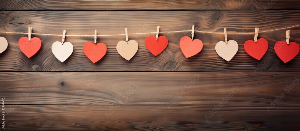 Aufkleber Copy space image of paper hearts and an empty sheet hanging on a cord against a wooden background