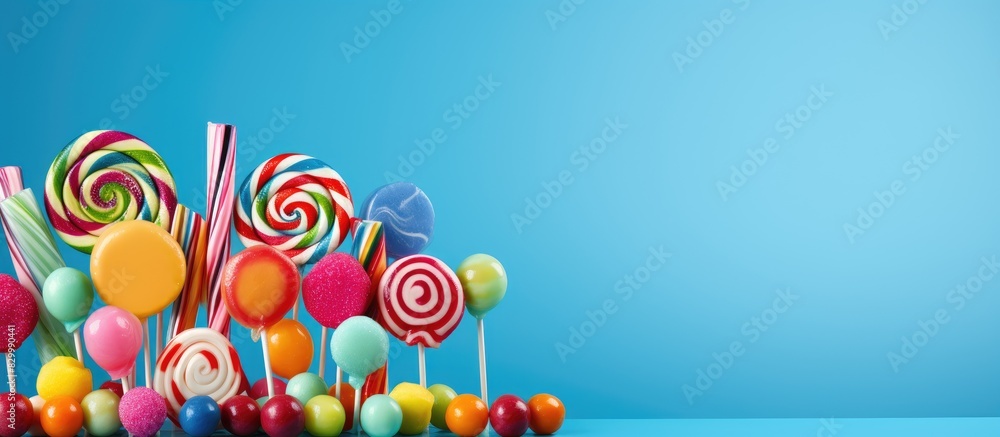 Aufkleber Blue background with colorful lollipops and assorted round candies providing a vibrant and visually appealing copy space image