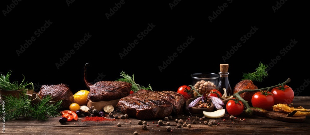 Aufkleber a delicious arrangement of grilled meat vegetables and spices on a rustic wooden table with ample co