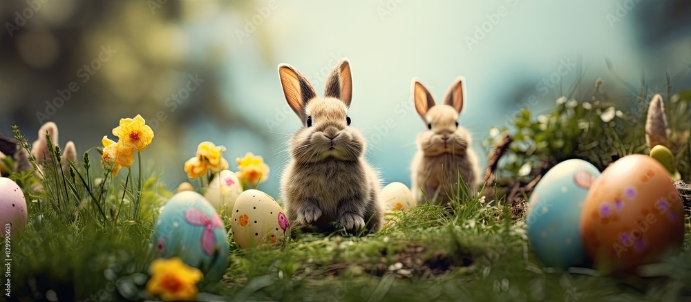 Aufkleber An Easter themed image featuring bunnies in the background providing ample empty space for copying or adding text
