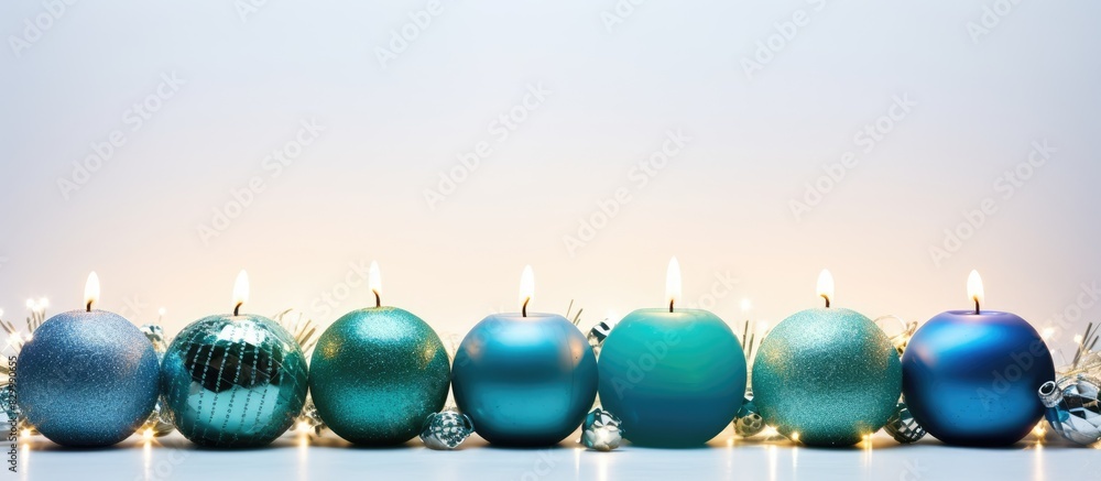 Poster a festive copy space image featuring christmas candles in green and blue hues against a white backdr
