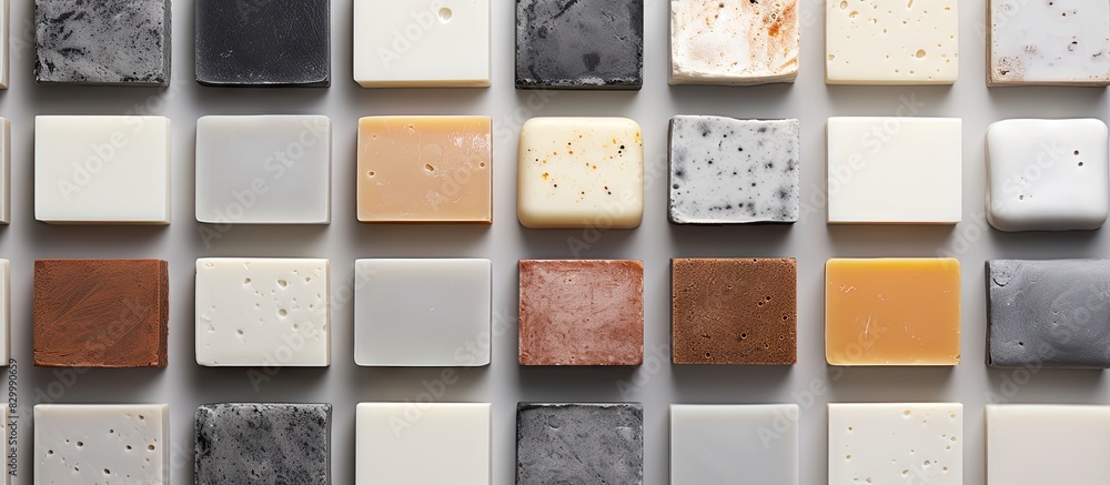 Aufkleber Flat lay of soap bars on a gray background with a copy space image
