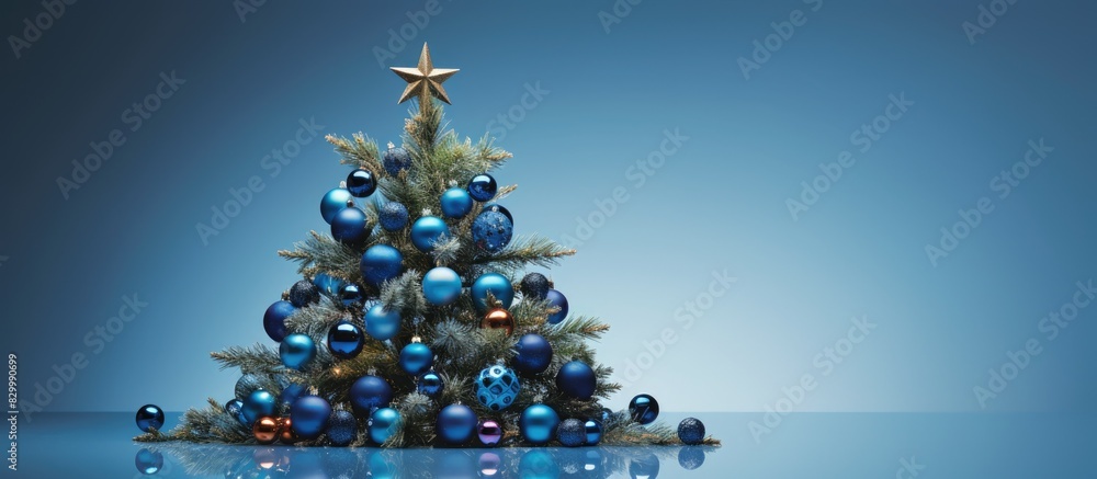 Poster a festive arrangement of rosemary and blue ornaments forming the silhouette of a christmas tree on a