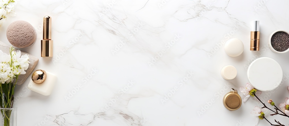 Poster from an aerial perspective there is a display of spa beauty cosmetics arranged on a white marble tab