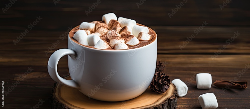 Poster A hot winter drink with cocoa chocolate and marshmallows is seen from a side view in a gray cup on a wooden background. with copy space image. Place for adding text or design