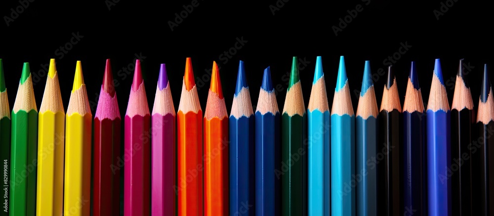 Poster there is a copy space image featuring a variety of colored pencils that form a vibrant rainbow contr