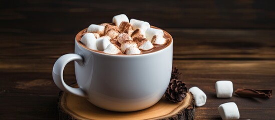 A hot winter drink with cocoa chocolate and marshmallows is seen from a side view in a gray cup on a wooden background. with copy space image. Place for adding text or design
