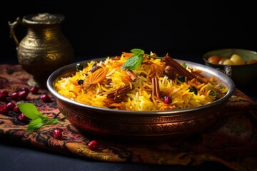 Juicy biryani on a marble slab against a chenille fabric background