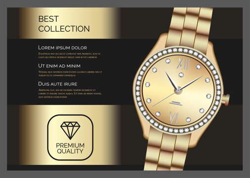 Wristwatch ad banner. Golden wrist clock. Luxury watch advertising. Gold metal and diamond gems. Shop promotion. Premium jewelry. Timepiece classic dial. Vector marketing background