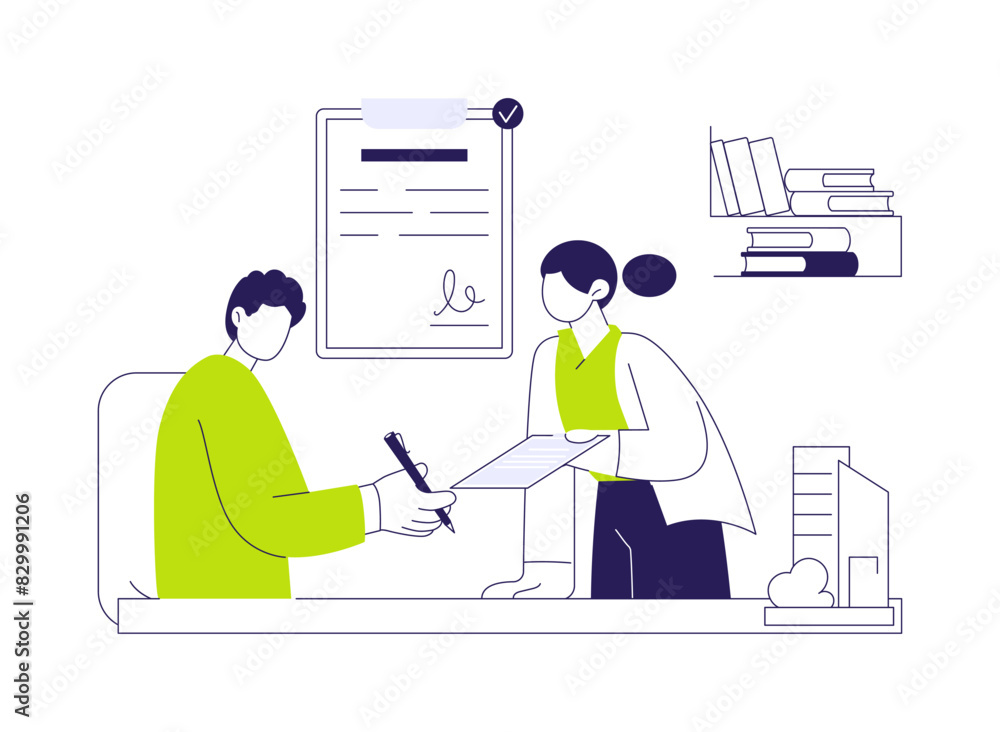 Poster signing contract with architect abstract concept vector illustration.