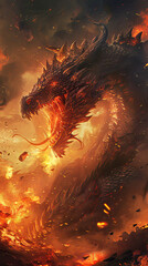 An imposing dragon surrounded by flames and smoke in a dynamic and dramatic artwork. Generate AI