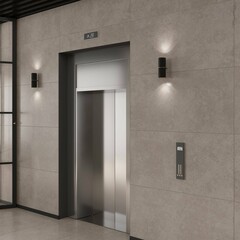 Luxury Office reception area with waiting room interior with beige marble walls and floor, wooden coffee table, lift area. 3D Rendering