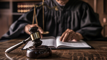 judge in courtroom with gavel