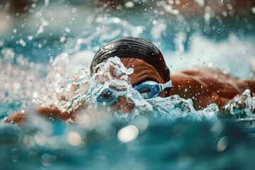 Competitive Swimmer in Medley Race - Detailed Focus on Athlete and Dynamic Water Patterns - Perfect for Sports Posters, Articles, and Designs