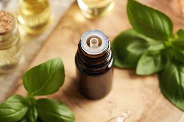 A brown bottle of aromatherapy essential oil with fresh basil leaves