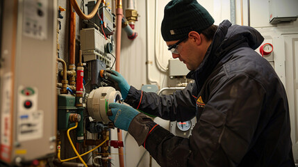 The technician checking the heating system in the boiler room. 