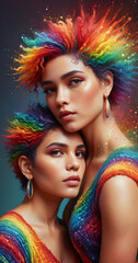 Fototapeta premium LGBTQ couple illustration banner, rainbow color artwork, creative illustration of diverse people of the transgender and LGB community