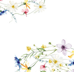 Watercolor painted floral frame. Yellow, blue, white and pink wild flowers. Template summer meadow illustration.
