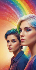 Naklejka premium LGBTQ couple illustration banner, rainbow color artwork, creative illustration of diverse people of the transgender and LGB community