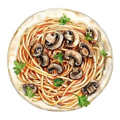 Artful Spaghetti and Mushroom Dish on Minimalist Background